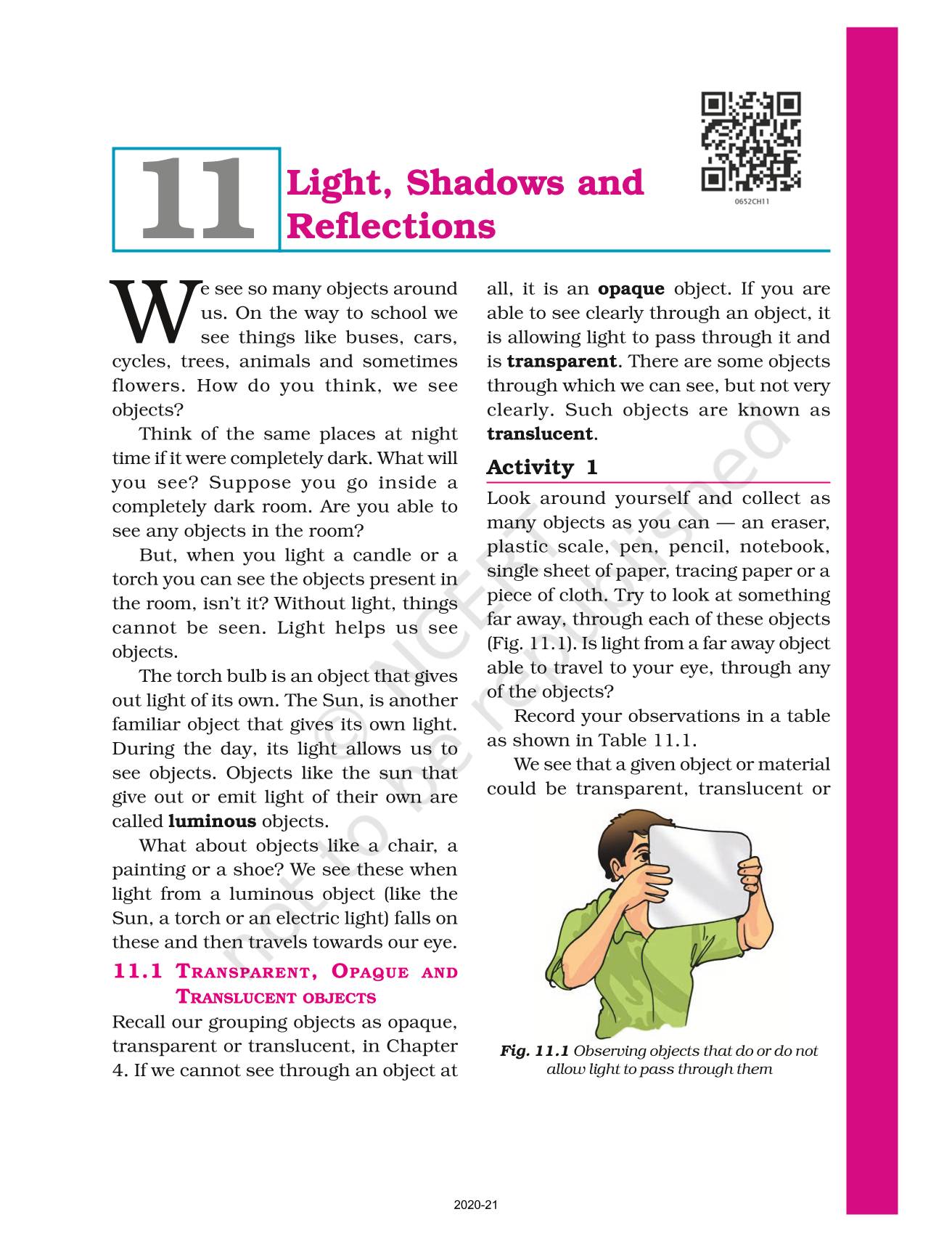 Light Shadows And Reflections - NCERT Book Of Class 6 Science